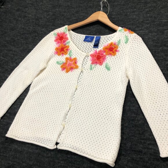 JH Collectibles Women's Size Medium Sweater Ribbon Embroidery Button up Floral - Picture 1 of 8